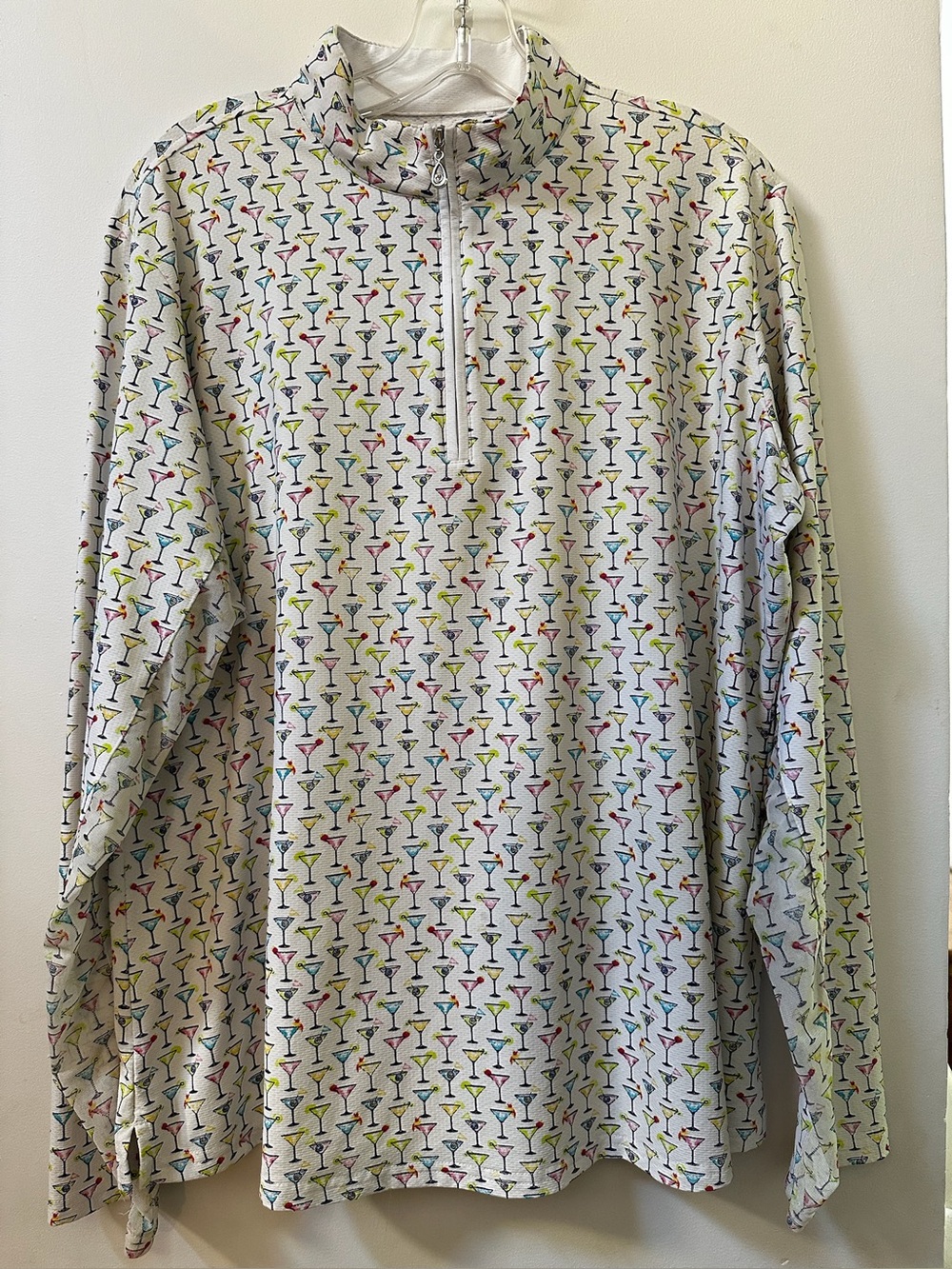 Women's White Long-Sleeve Quarter-Zip Tee with Colorful Martini Print